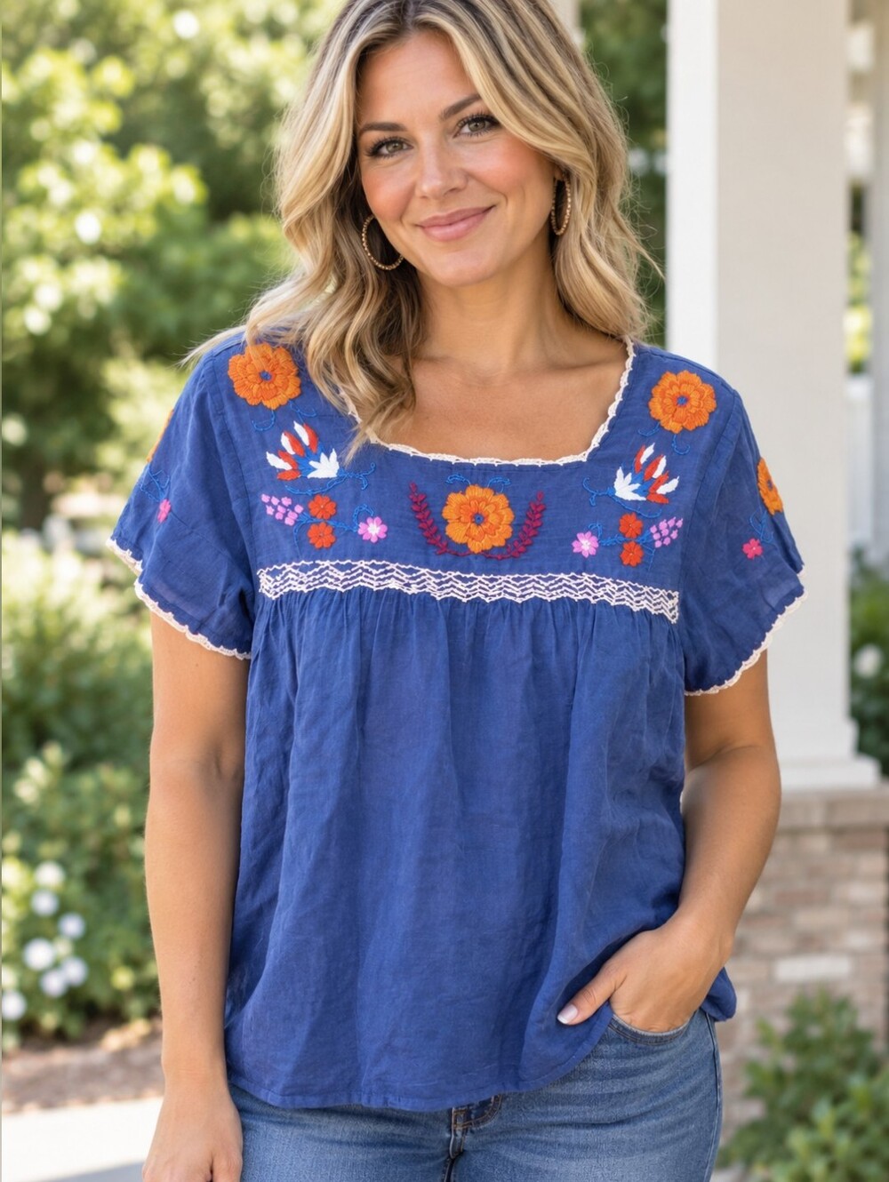 Boutique Blue Embroidered Floral Peasant Blouse